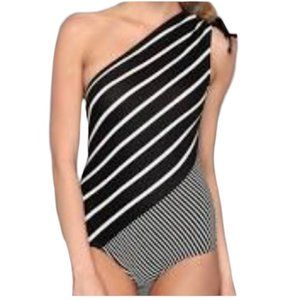 DKNY One Shoulder Striped Swimsuit One Piece Bathing Suit